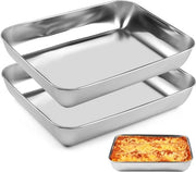 Set di 2 Piastre da Cucina Mini - 25,5 x 19,5 cm - Padella Profonda e Salutare - Piastrella in Acciaio Inox per Torta e Cottura.
