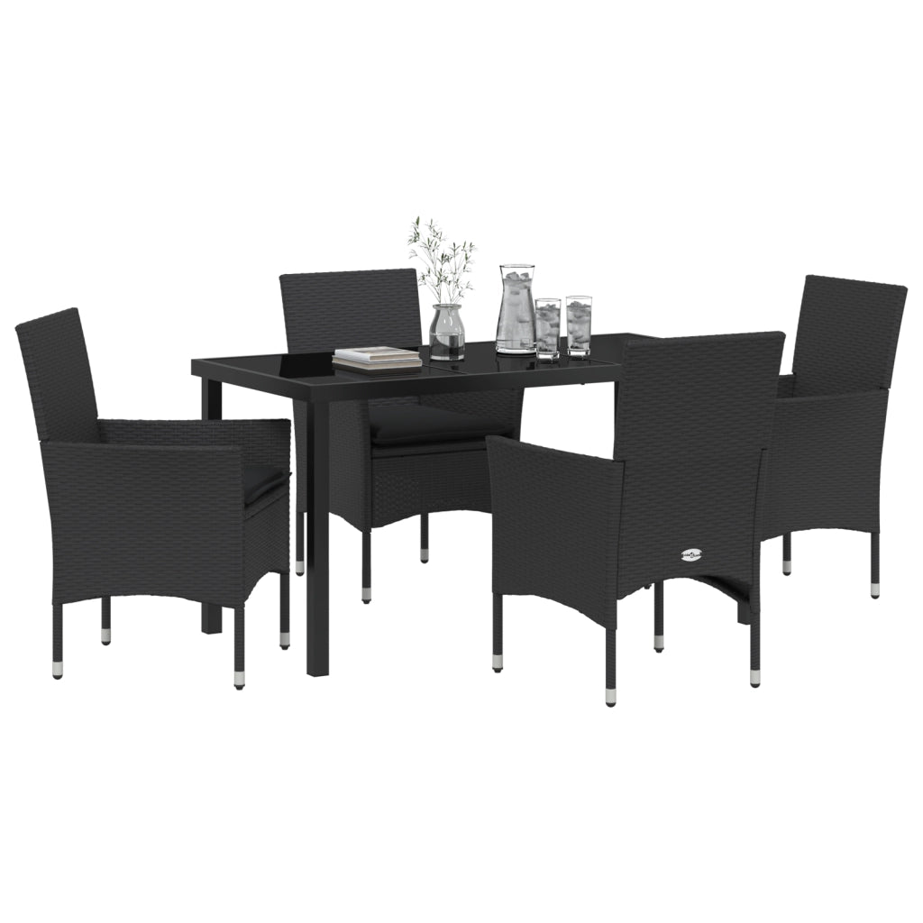 Set da Pranzo da Giardino 5 Pezzi con Cuscini in Polyrattan Nero