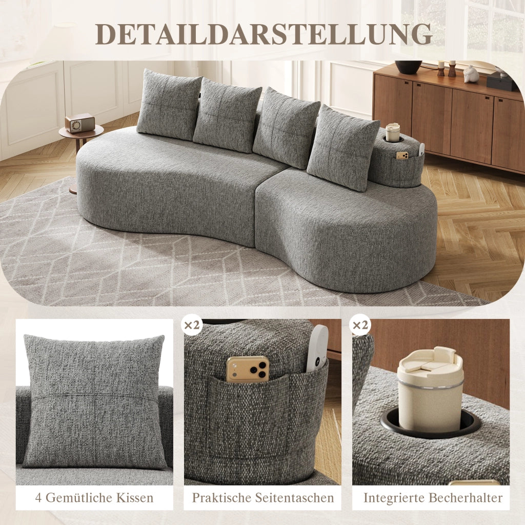 Divano con tasche laterali e portabicchieri 4 cuscini in tessuto di lino grigio chiaro 240 × 109 × 60 cm