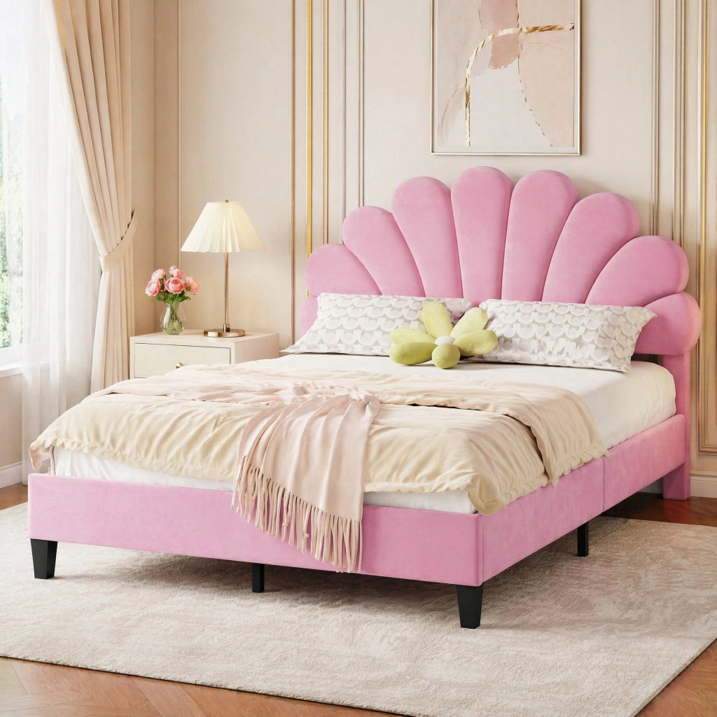 Letto matrimoniale imbottito 140x200 cm con testiera a fiori; velluto rosa; rete a doghe