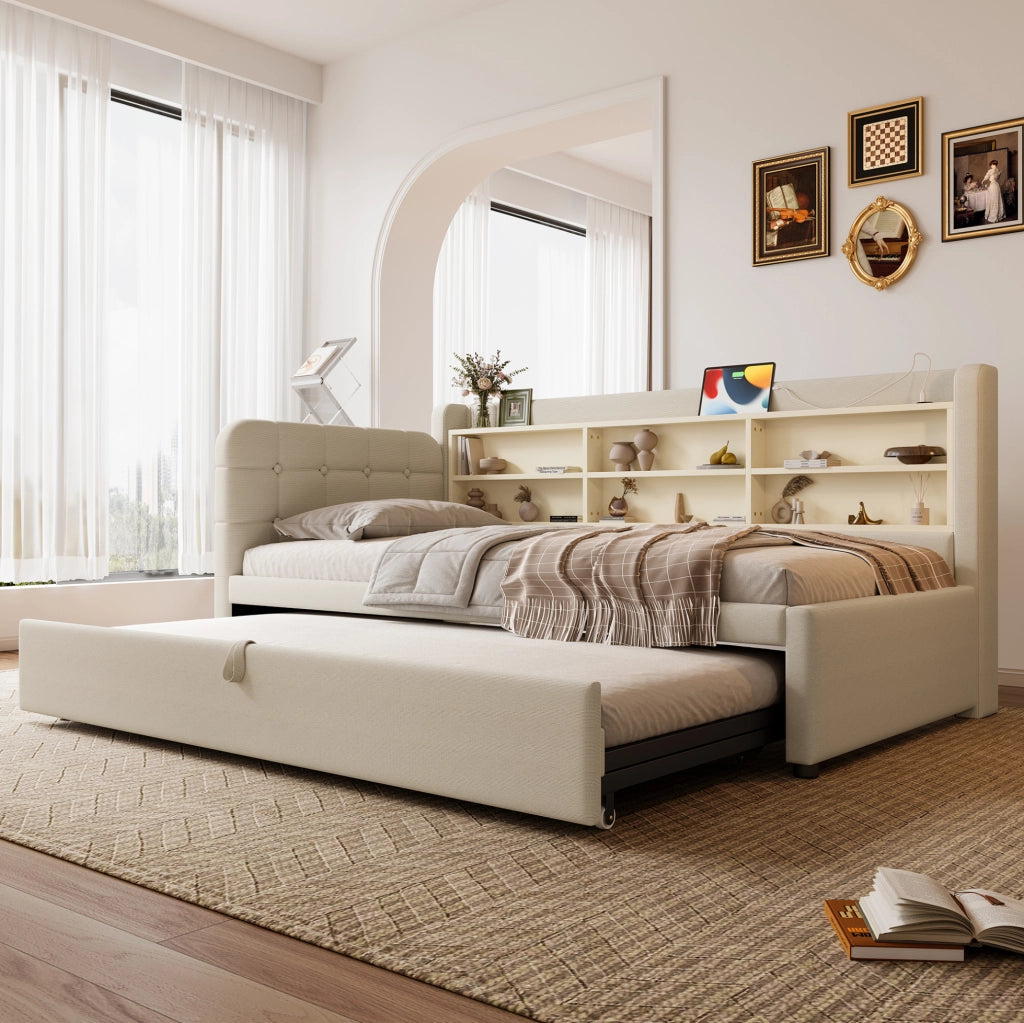 Letto estraibile 90x200 cm con USB/Type-C e ripiani beige