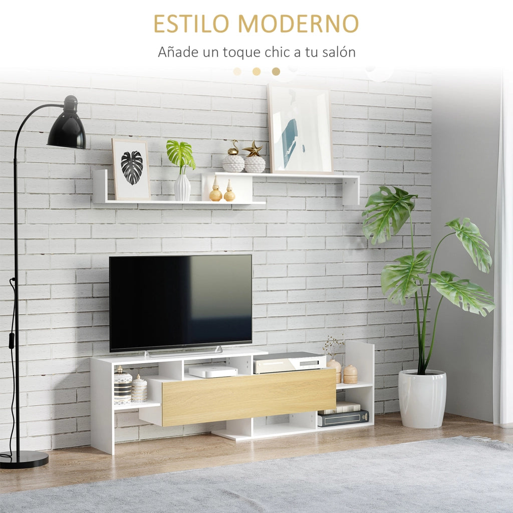 Mobile TV con Ripiani Parete ¨C zephmum ¨C Bianco e Naturale 153,6x25x42cm e 150x14,5x16,3cm