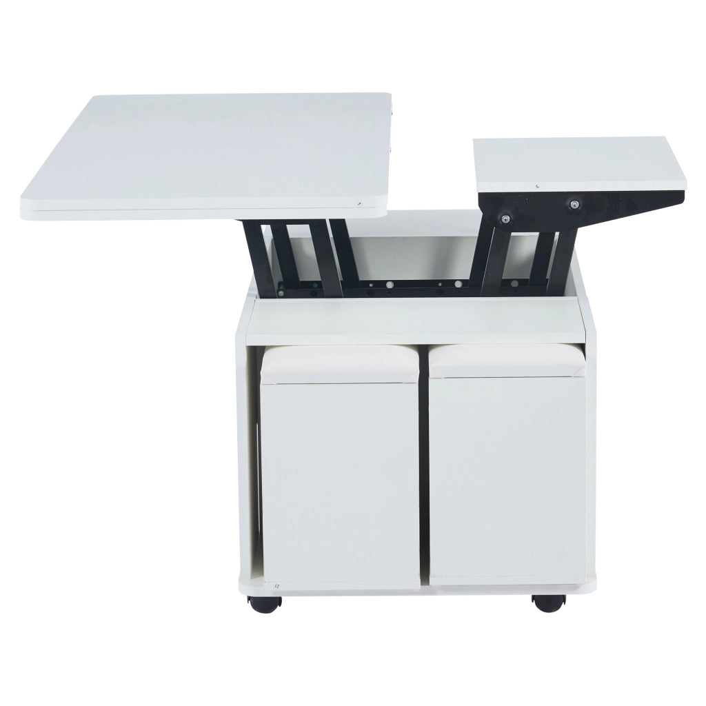 Tavolino da Caffè Sollevabile con 1 Cassetto e 4 Sgabelli Contenitore; Doppio Piano Idraulico; Stile Moderno; in Pannelli Truciolari; Bianco