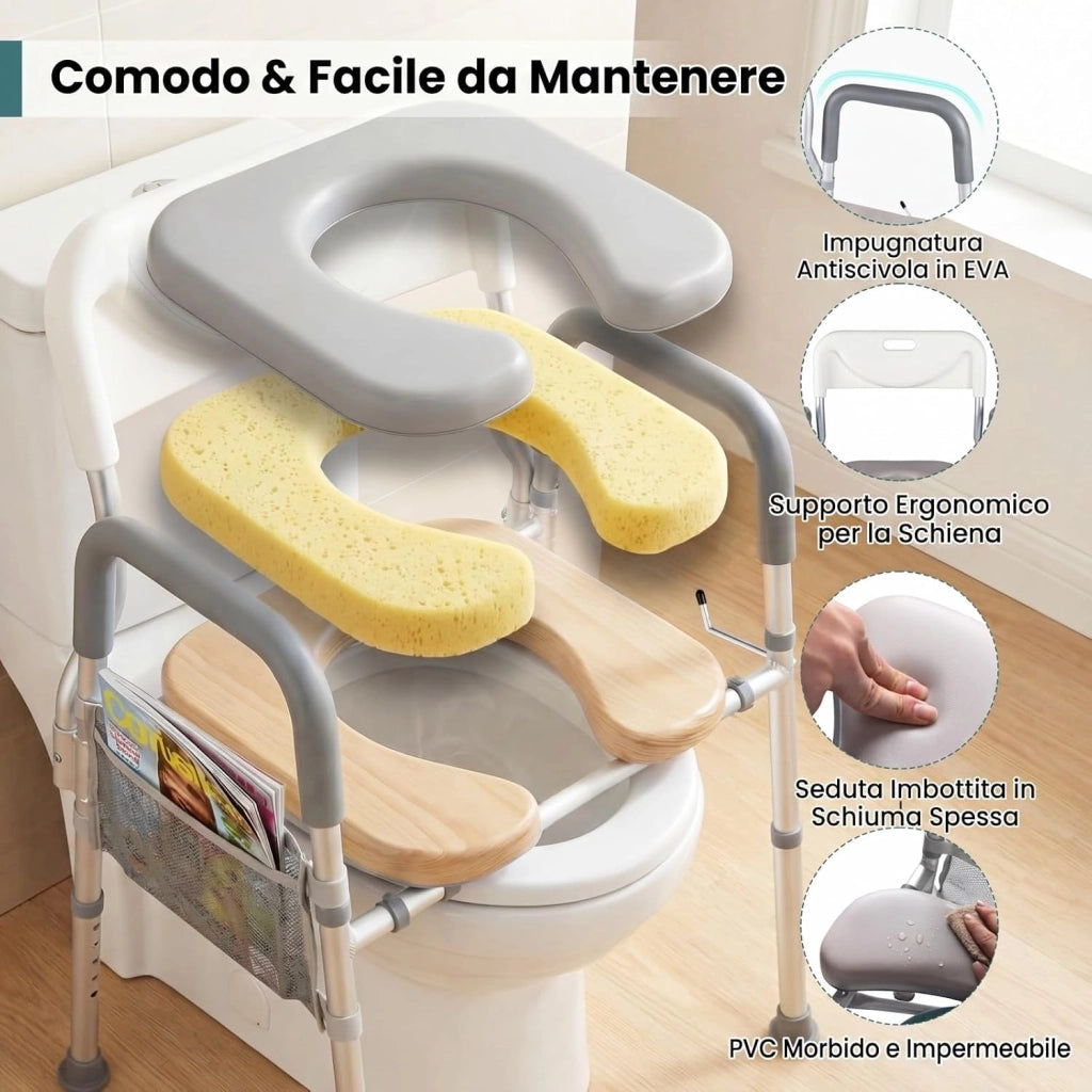 Ringhiera di Sicurezza per WC portata 136 kg, Barra Bagno in Alluminio con Altezza Regolabile 49-59 cm, Maniglie Antiscivolo e Schienale Rimovibile, Sedile WC per Anziani e Donne Incinte