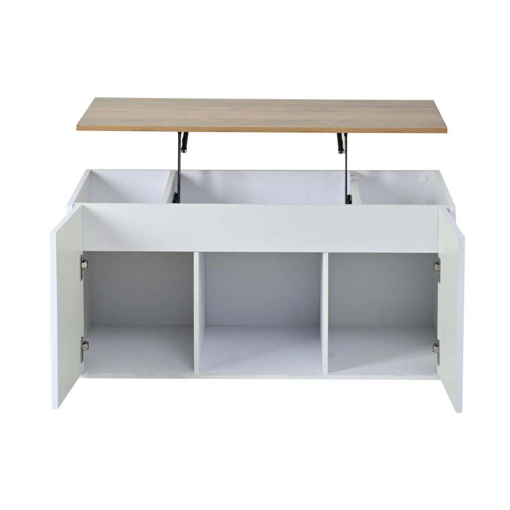 Tavolino da salotto con piano regolabile in altezza, tavolino a due ante, finitura effetto legno, bianco e color legno naturale