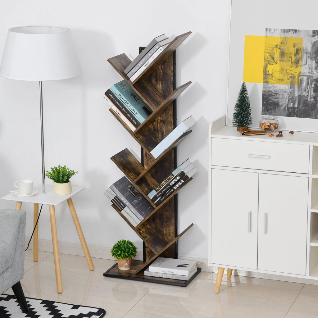 EasyComfort Libreria ad Albero in Legno, Scaffale Salvaspazio a Colonna con 10 Ripiani in Stile Industriale, 50x28x142cm