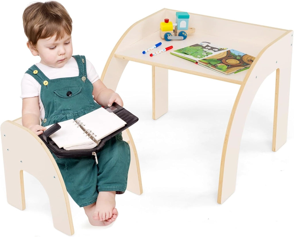 Set Tavolo e Sedie per Bambini 3+ Anni, Tavolino Legno con Sedie per Cameretta con Bordo Curvato e Ampio Piano, Mobile Salvaspazio per Camera da Letto, Soggiorno e Asilo (Naturale)