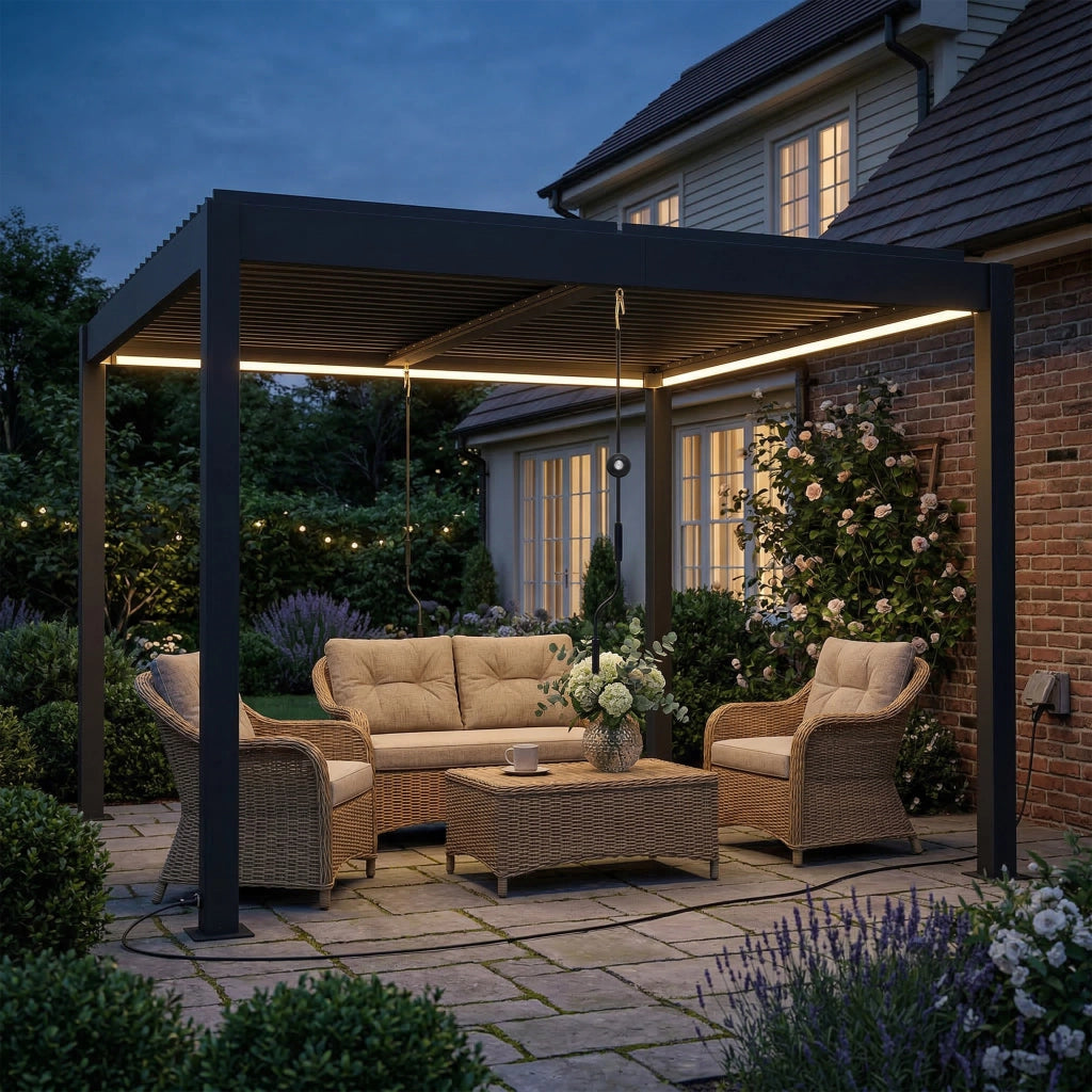 Pergola in alluminio 3x3 m con tetto a lamelle regolabile e illuminazione LED ¨C zephmum ¨C Grigio