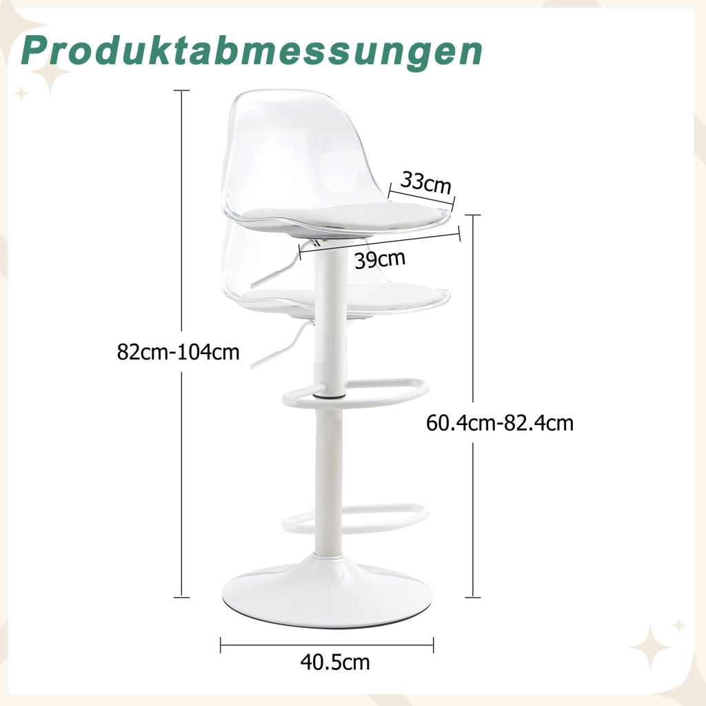 Set di 2 sgabelli da bar regolabili 82-104 cm con schienale trasparente e base bianca