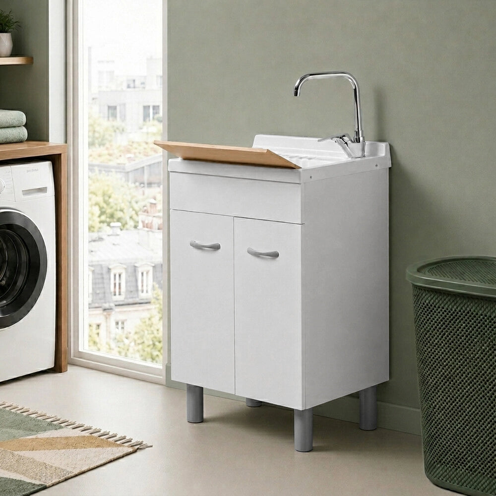 Mobile lavatoio 60x40 cm bianco opaco con due ante e vasca incluso di asse di lavaggio e kit di scarico Medea