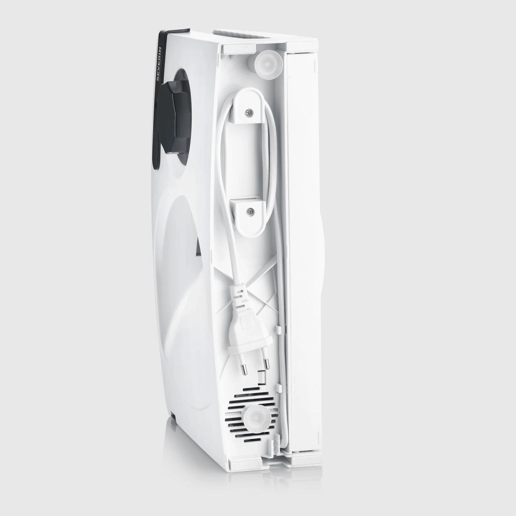Severin AS 3912 - Affettatrice 19 cm, 100 W, spessore regolabile fino a 1,5 cm, lama in acciaio inox, sicurezza con pulsante a due fasi, colore Bianco