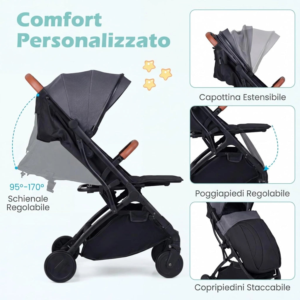 Passeggino Leggero per Neonati con Tettuccio, Schienale e Poggiapiedi Reclinabili, Passeggino Pieghevole con Portabicchieri, Cestello Portaoggetti, per Bambini 0-3 Anni (Grigio)
