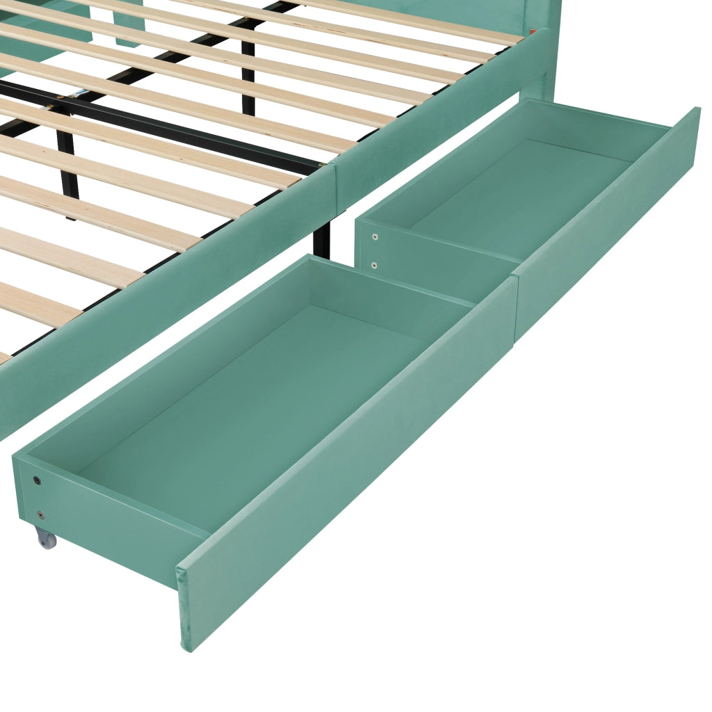 Letto per bambini a casetta 140 × 200 cm con 4 cassetti, senza materasso, in velluto, bluverde
