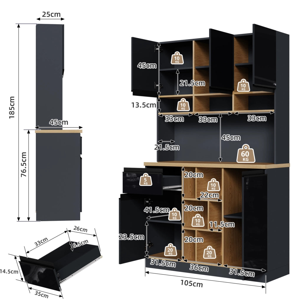 Credenza alta da cucina con 3 aree; piano 105x45 cm; MDF; nero antracite e nero lucido