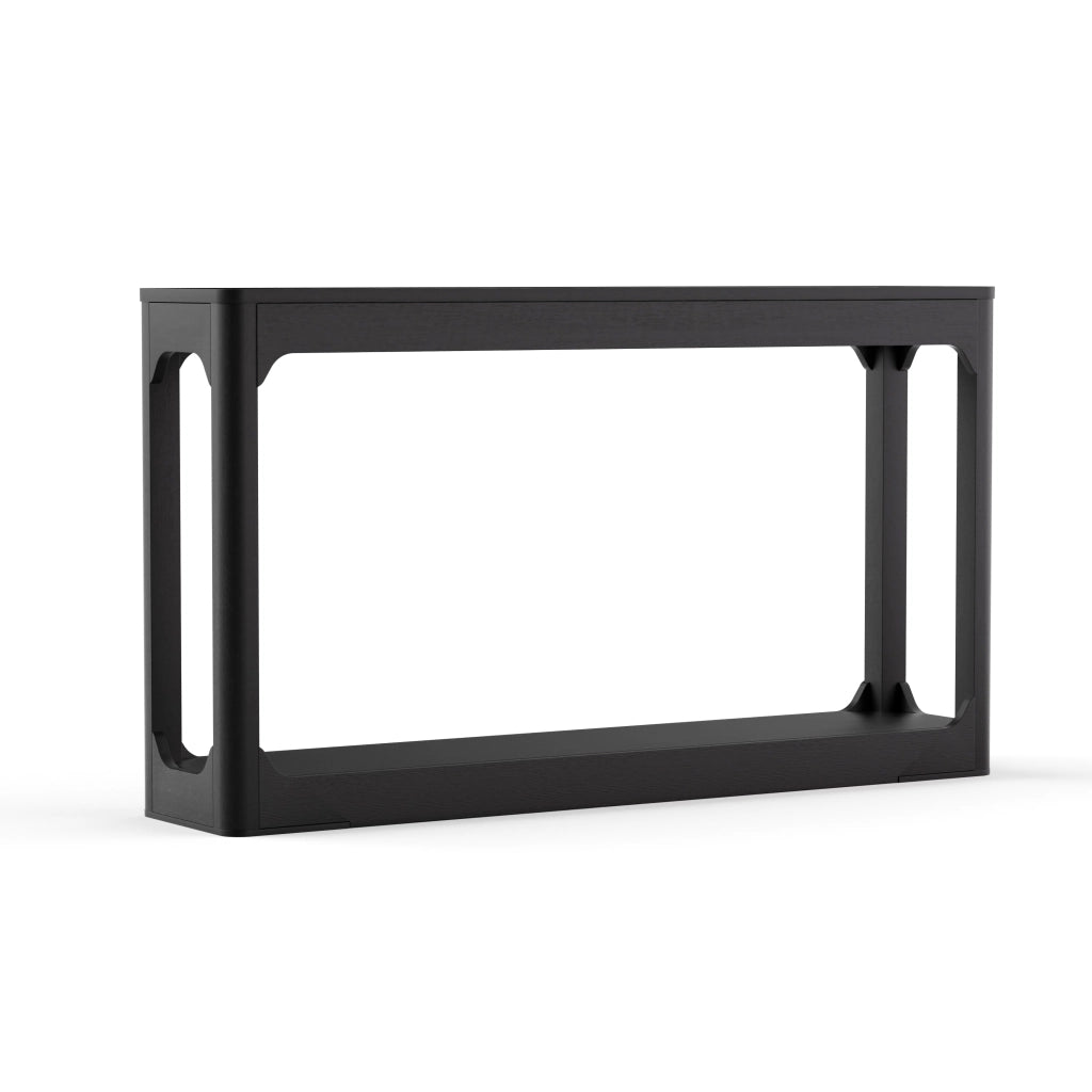 Consolle nera lunga 140 cm in MDF con ripiano inferiore, profonda 30 cm