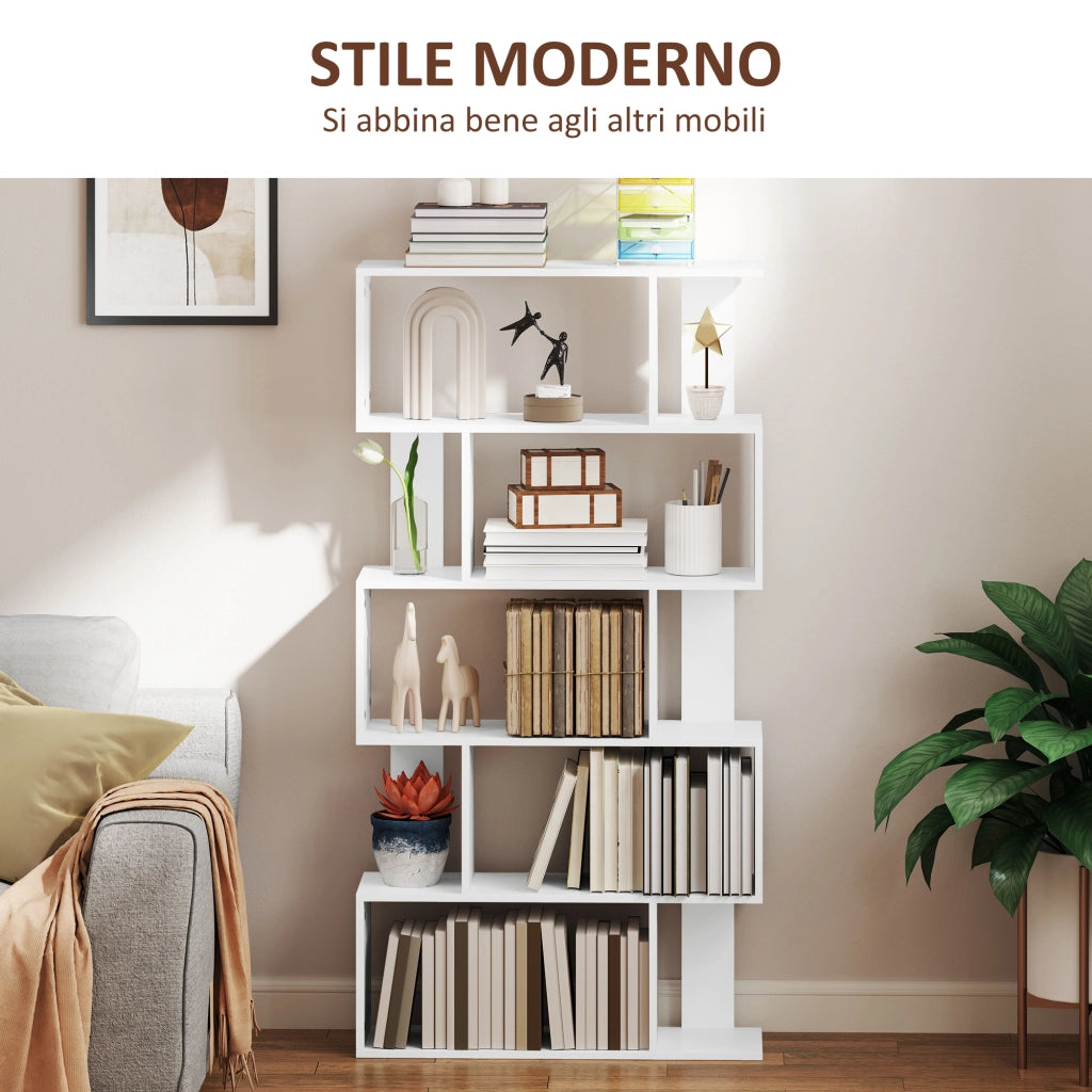 Libreria Asimmetrica a S a 5 Livelli 80x24x159 cm in Legno Bianco