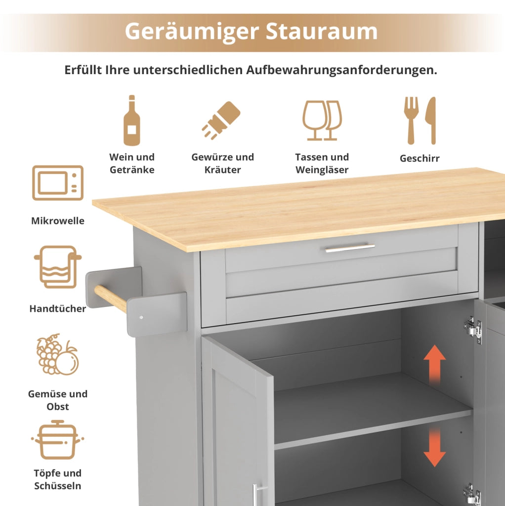 Carrello da cucina grigio con piano pieghevole, armadi e 5 ruote