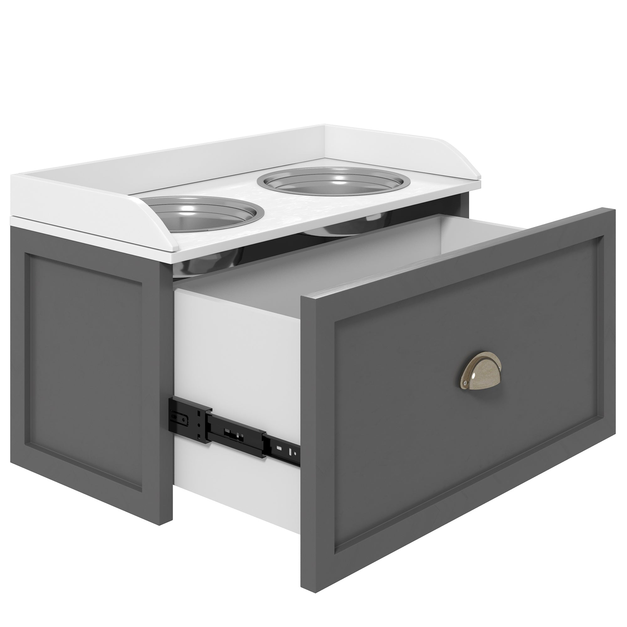 Ciotole per Cani Rialzate 60x30x36 cm con Cassetto in Acciaio Inox e Legno Grigio