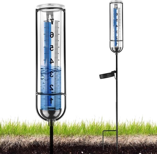 Misuratore di pioggia alimentato da energia solare con palo di base e sensore di pioggia LED con vetro antivento resistente al gelo - Decorazione per giardino, terrazza, campi e aree interne