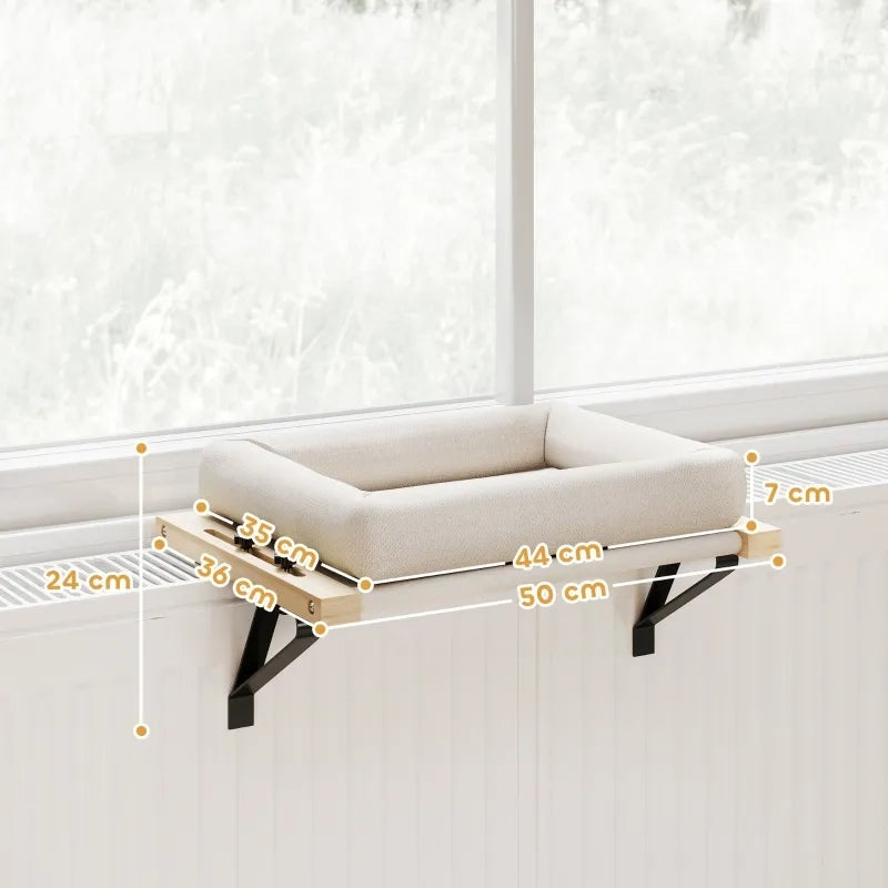 Cuccia per gatti con supporto per davanzali e termosifoni, cuscino incluso, telaio in legno, bianco