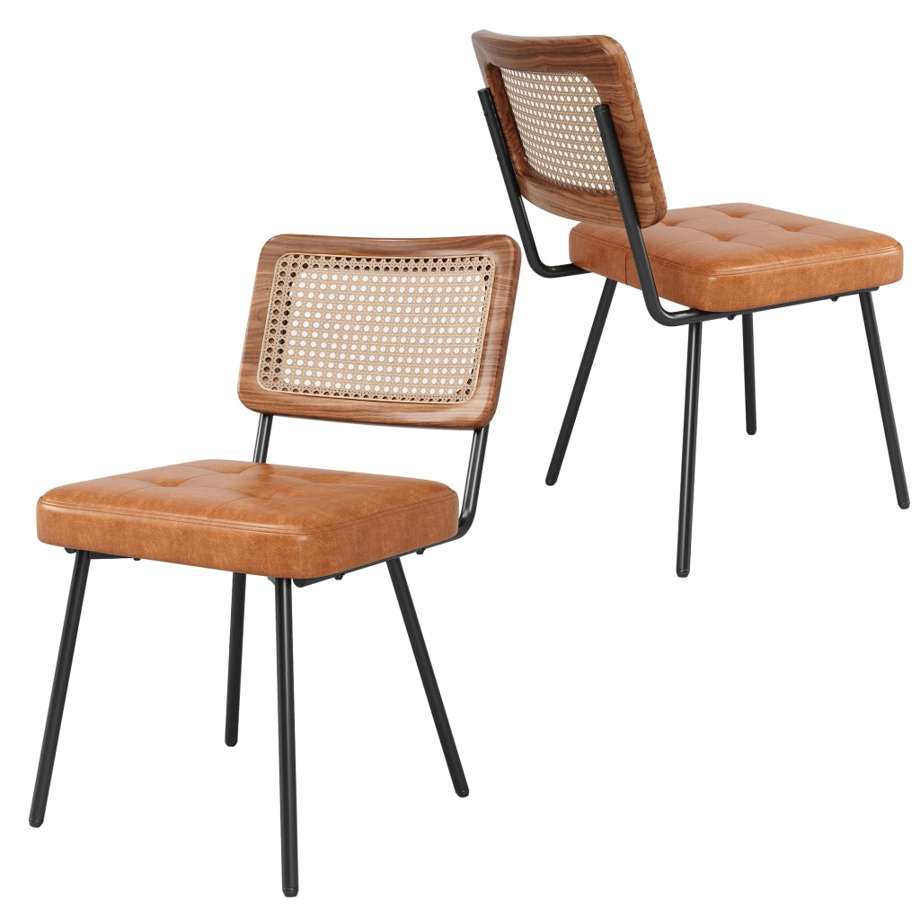 Sedia da pranzo in PU con schienale in rattan PE, seduta imbottita ed ergonomica, gambe in metallo marrone