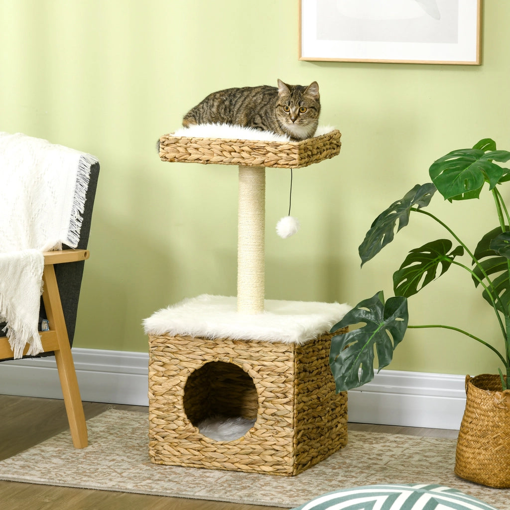 Tiragraffi per gatti 2 livelli con nicchia, palo sisal, piattaforma e pompon ¨C zephmum ¨C naturale