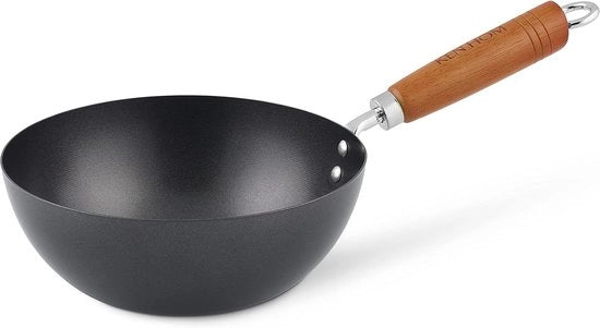 Mini Wok Classico 20cm - Acciaio di Carbone - Manico in Legno - Piatto con Fondello Pianeggiante - Resistente al Lavastoviglie - Garanzia di 2 Anni
