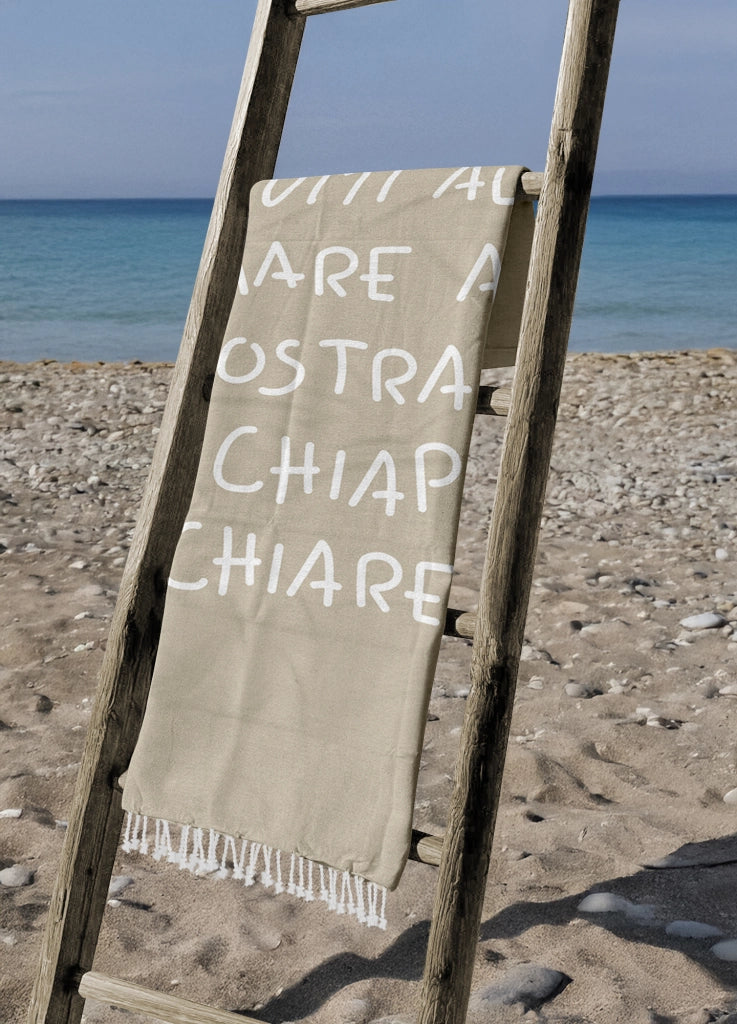 Telo Mare Con Frange Asciugamano Da Spiaggia Misura Grande 90x180 Cm Con Pochette Astuccio Assorbente In Morbido Cotone Leggero Stampa Tutti Al Mare AntiSabbia Lettino Vacanze Piscina Beige