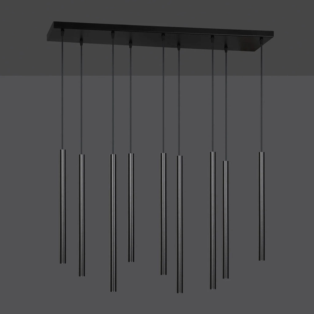 Lampadario 9 Luci Moderno Shu Acciaio Nero E Paralumi A Cilindri Sottili