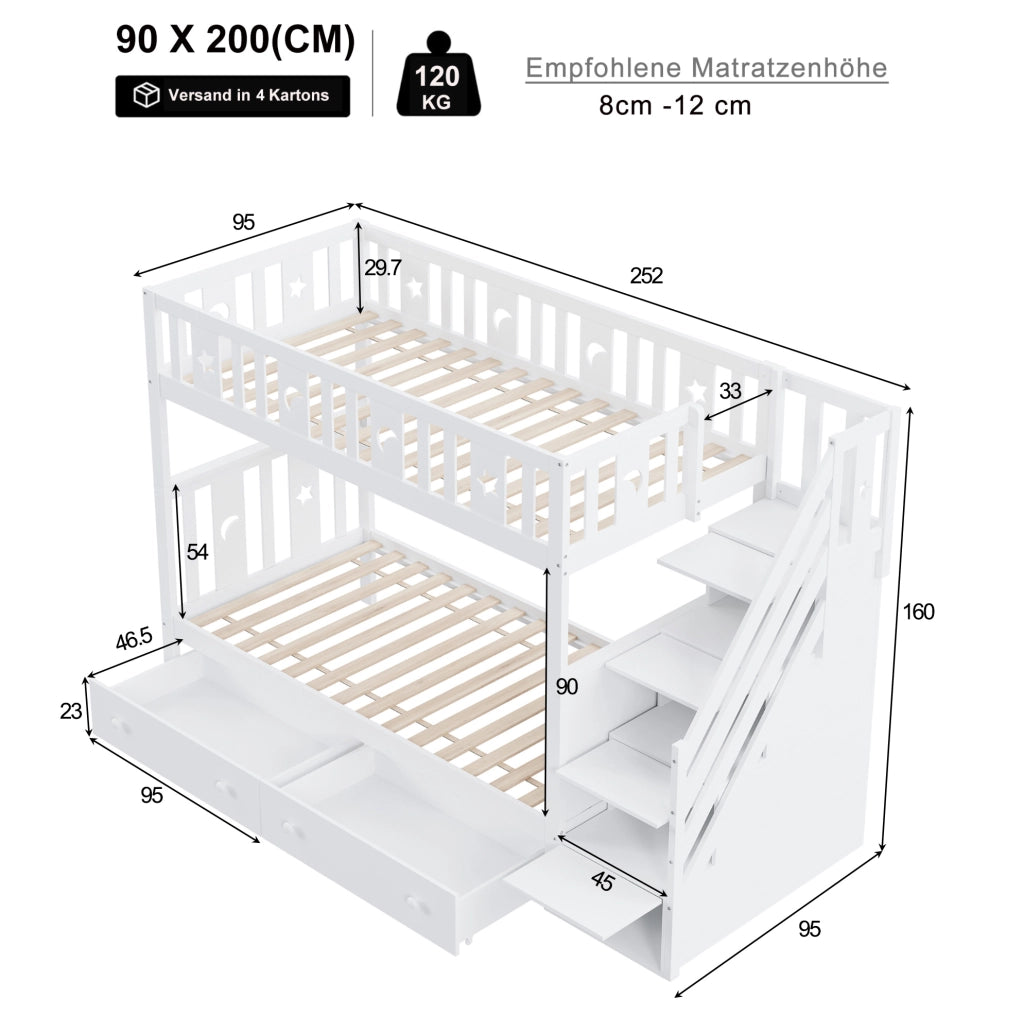 Letto a castello per bambini 90x200 cm bianco con scala contenitore