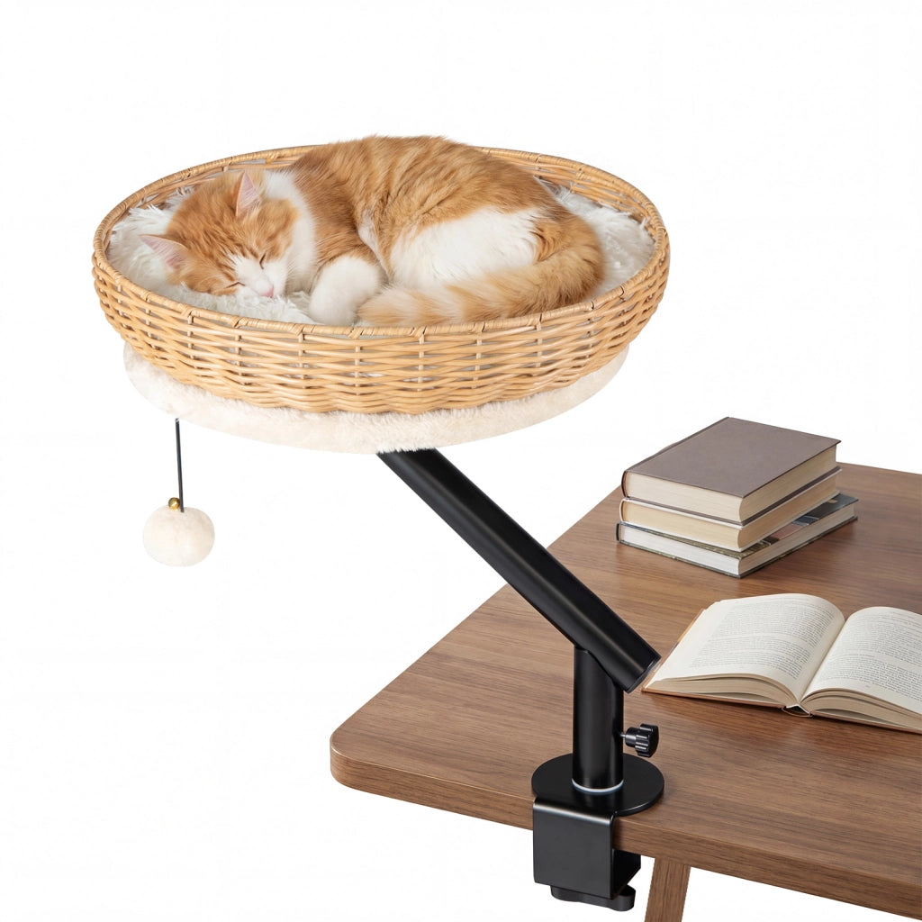 Letto per gatti da scrivania girevole 360¡ã cuccia per gatti in rattan pe, Cuccia salvaspazio amaca con morsetto per ufficio e casa Bianco