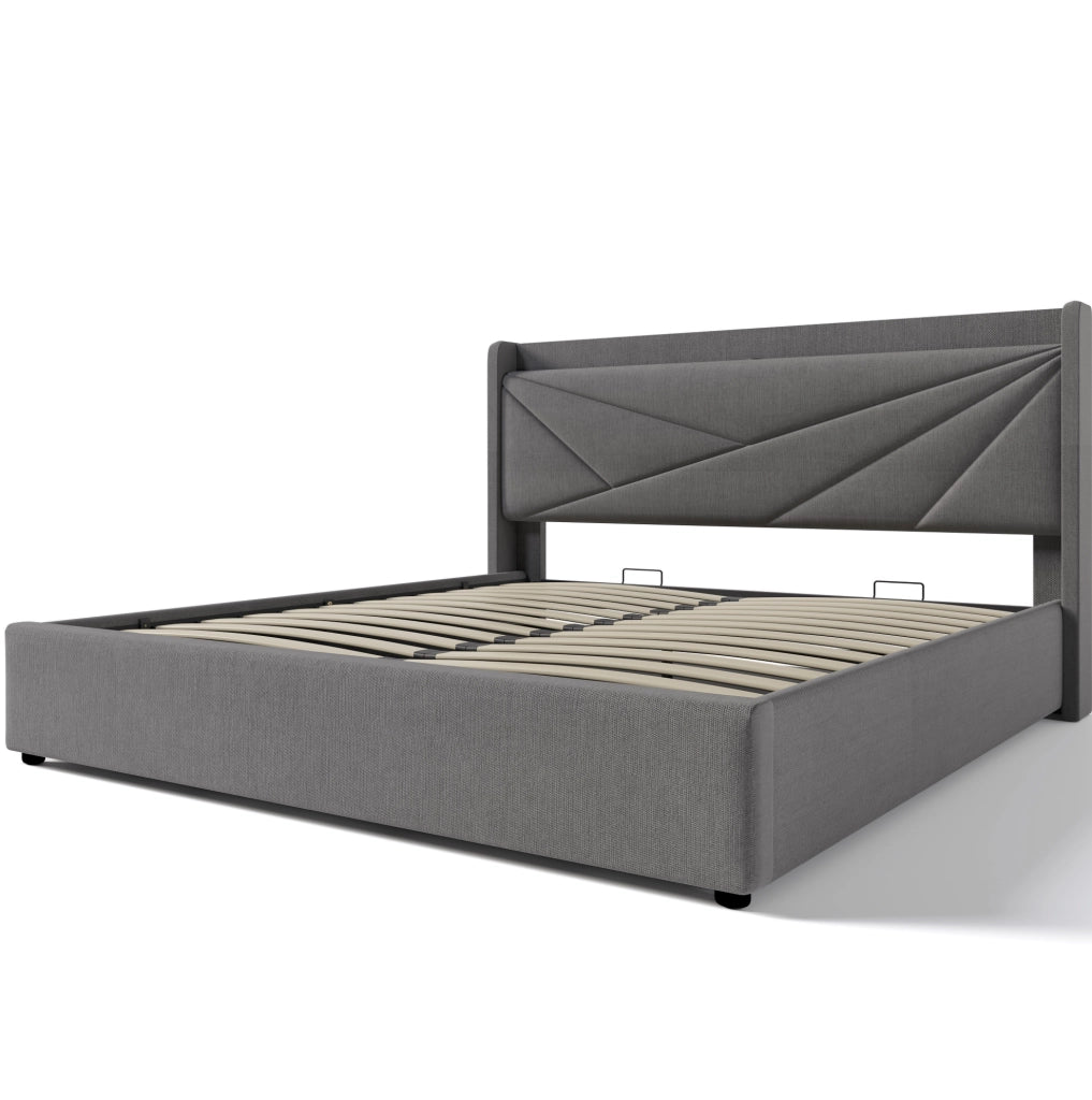 Letto matrimoniale 180x200 cm con contenitore; testiera con USB e Type-C; grigio in cotone e lino