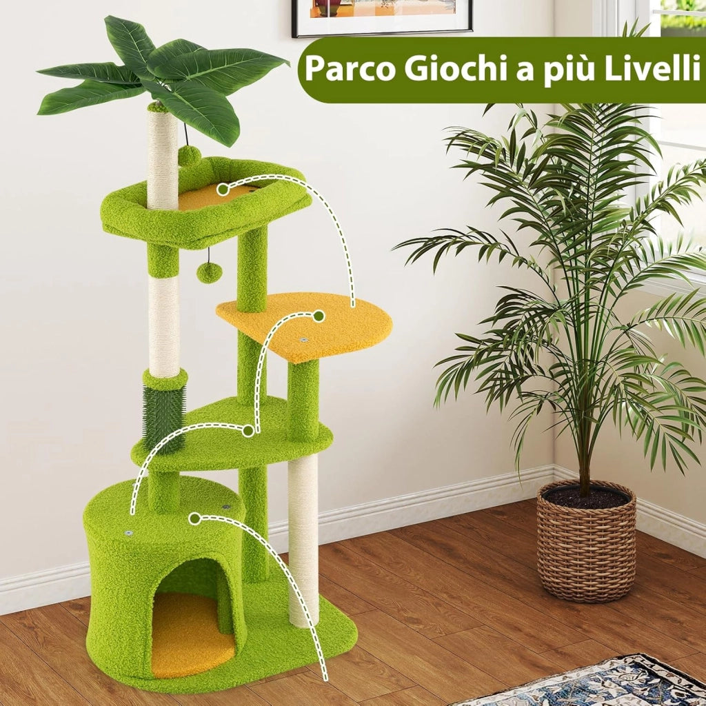 Albero per Gatti, Tiragraffi per Gattini a Tema Foresta con Foglie Artificiali, Condominio, Postazione Imbottita, Pali per Graffiare in Sisal e Pompom, Albero Tiragraffi per Gatti da Interno