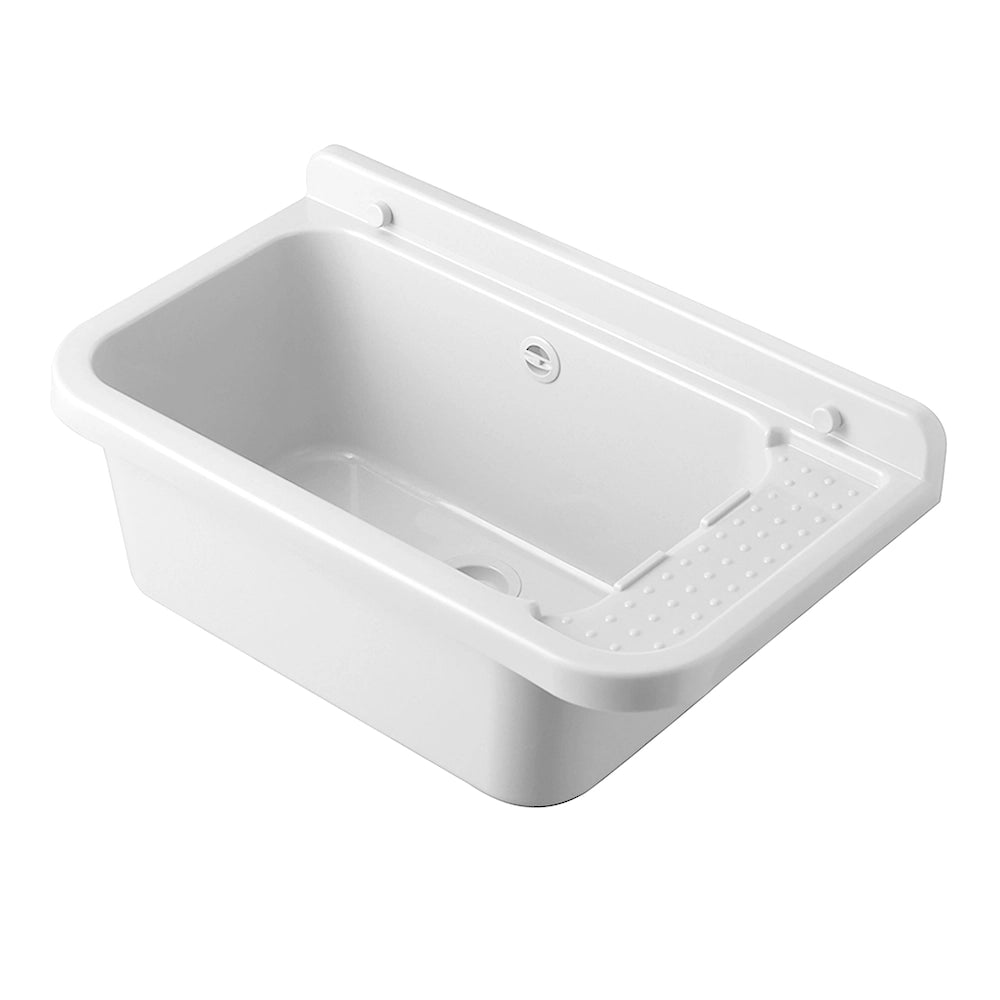 Lavatoio in resina 60x34 bianco con miscelatore a canna alta inox e scarico incluso