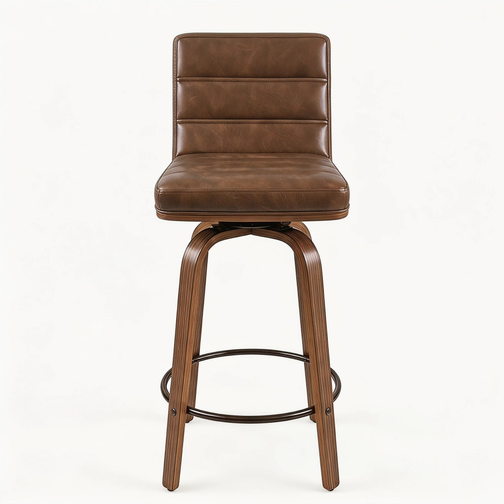 Sgabello da bar girevole con schienale ergonomico, anello poggiapiedi e piedini antiscivolo in PU e legno marrone rossiccio