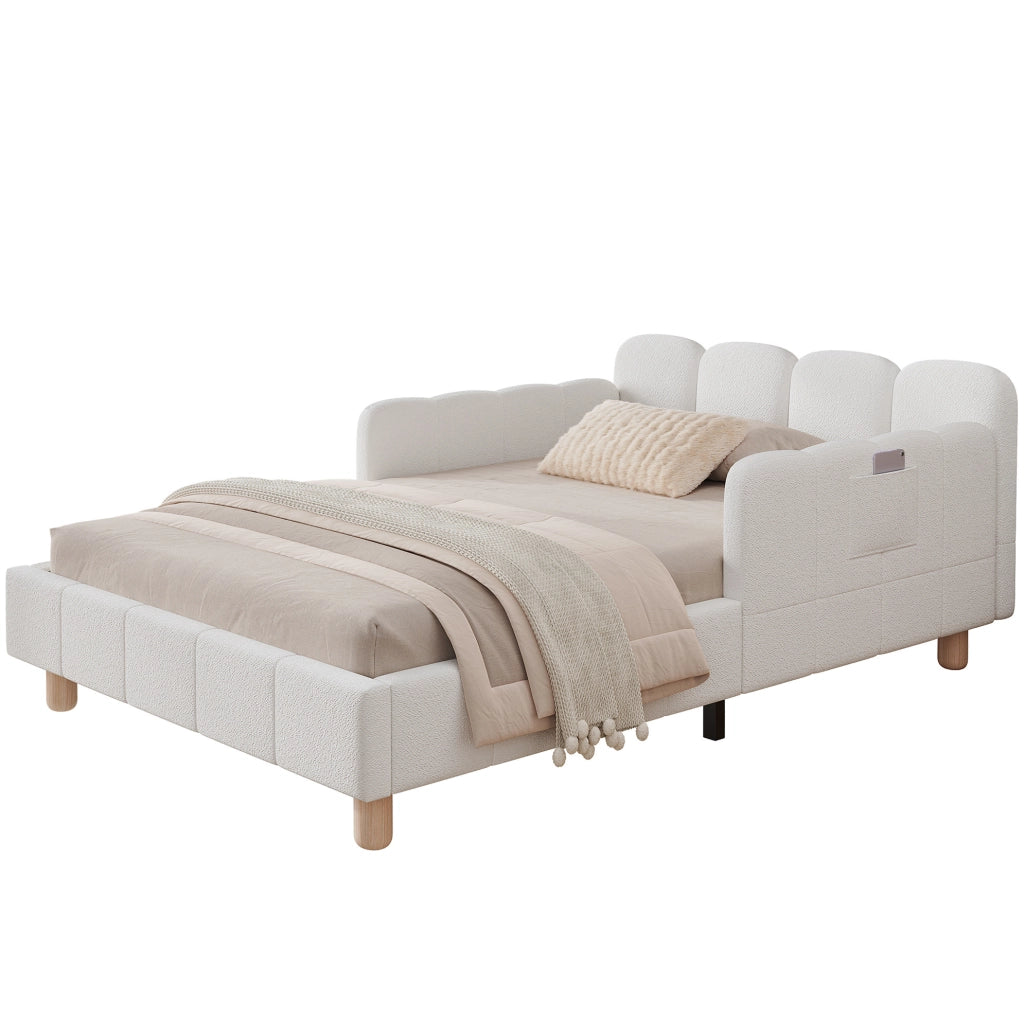 Letto per bambini in tessuto boucl¨¦ beige con testiera imbottita e braccioli
