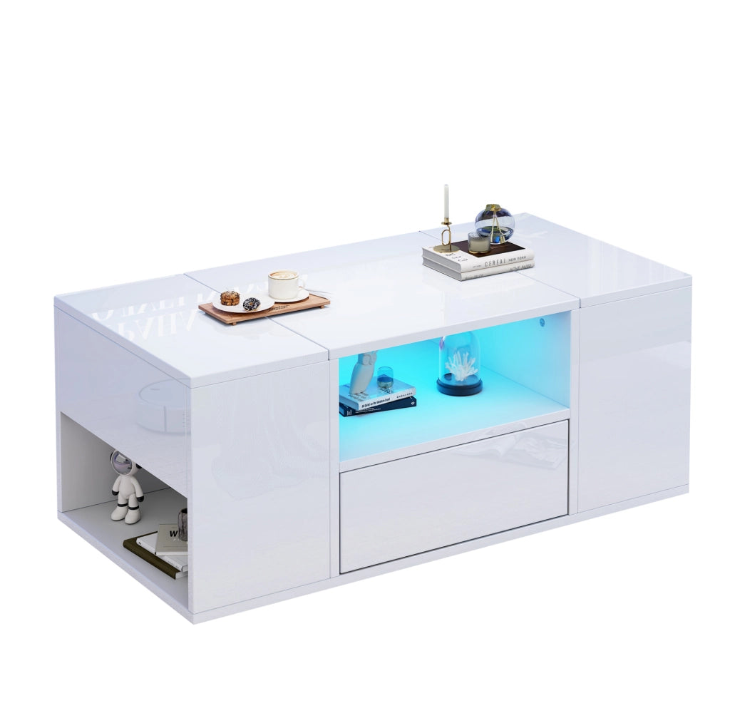 Tavolino da salotto bianco lucido con LED e vani contenitore