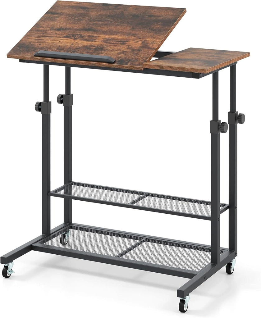 Scrivania per computer 80 x 40 cm con 4 ruote, tavolino ausiliario con piano inclinabile, altezza regolabile 64,5-89 cm, 2 ripiani a griglia, tavolo mobile per soggiorno, camera da letto