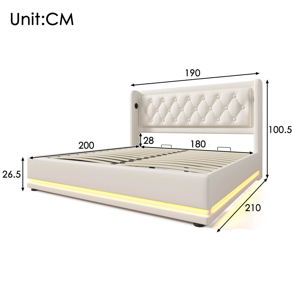 Letto matrimoniale contenitore 180x200 cm in PU bianco con testiera imbottita; USB Type-C e LED