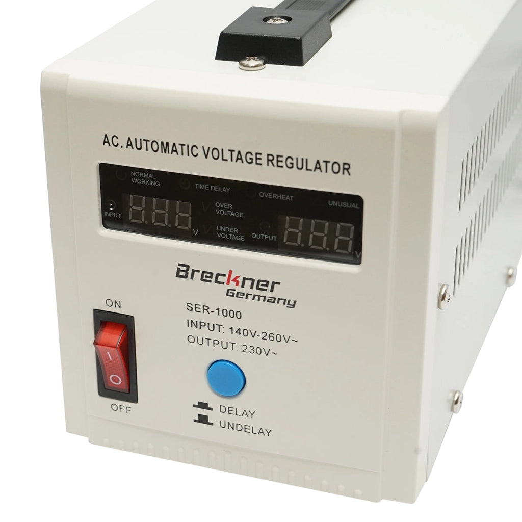 Stabilizzatore di tensione automatico 1000VA con relè monofase, 2 prese schuko 230V, display LCD Breckner Germany