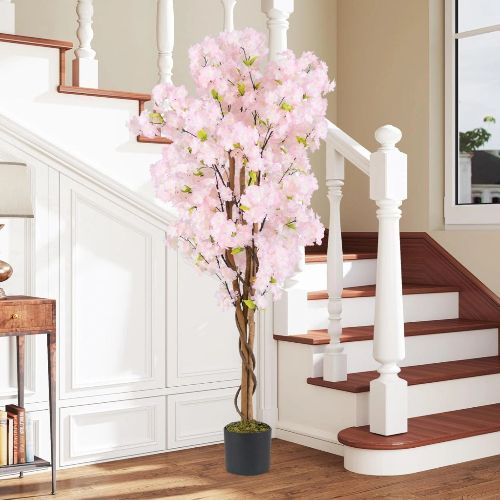2 Alberi di Ciliegio Artificiale 150 cm, Set di 2 Piante Finte in Vaso da Vivai con Fiori Rosa e Foglie Verdi, Piante Decorative per Casa, Ufficio e Negozio