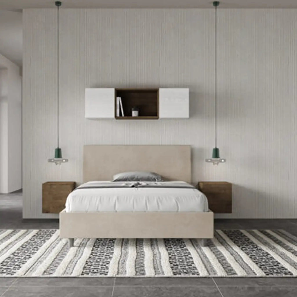 Letto matrimoniale francese contenitore imbottito 140x210 microfibra sabbia Adele