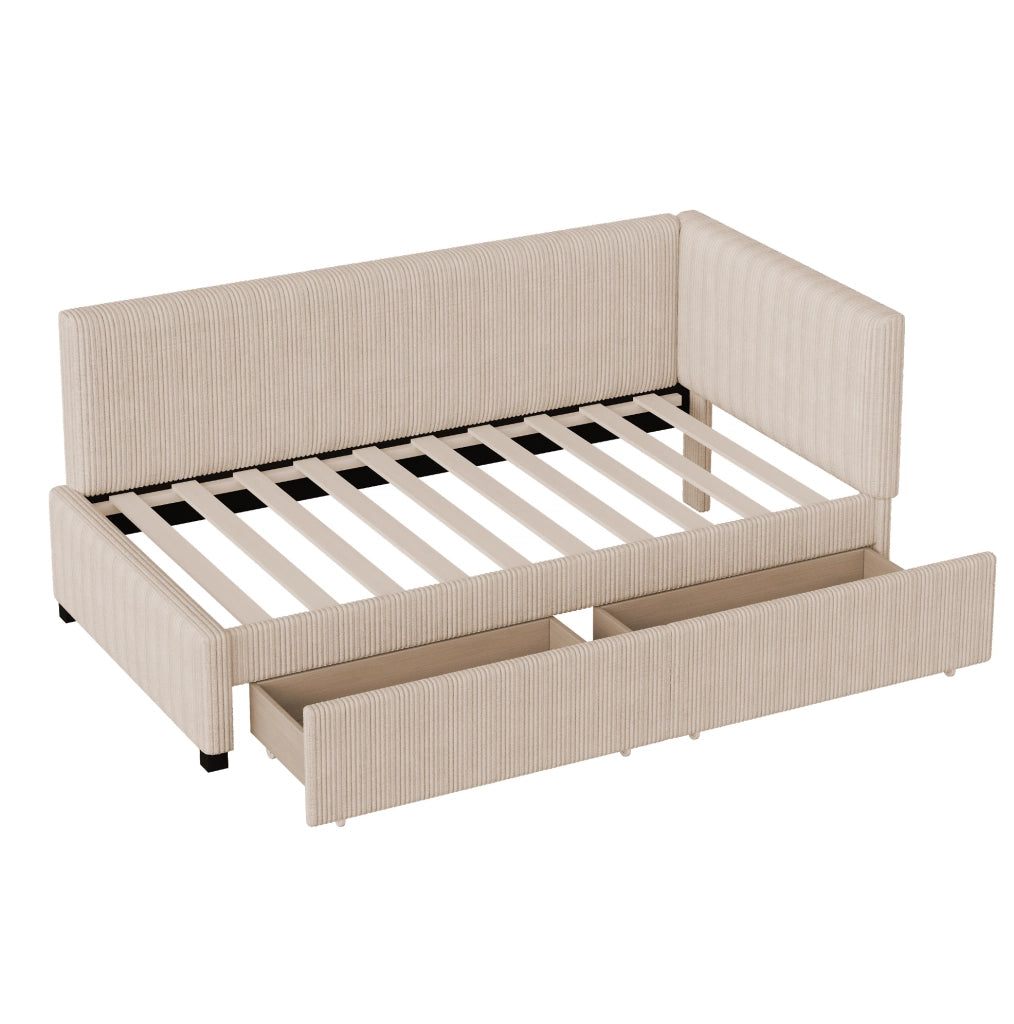 Divano letto imbottito in velluto beige 90x200 cm con 2 cassetti e rete a doghe