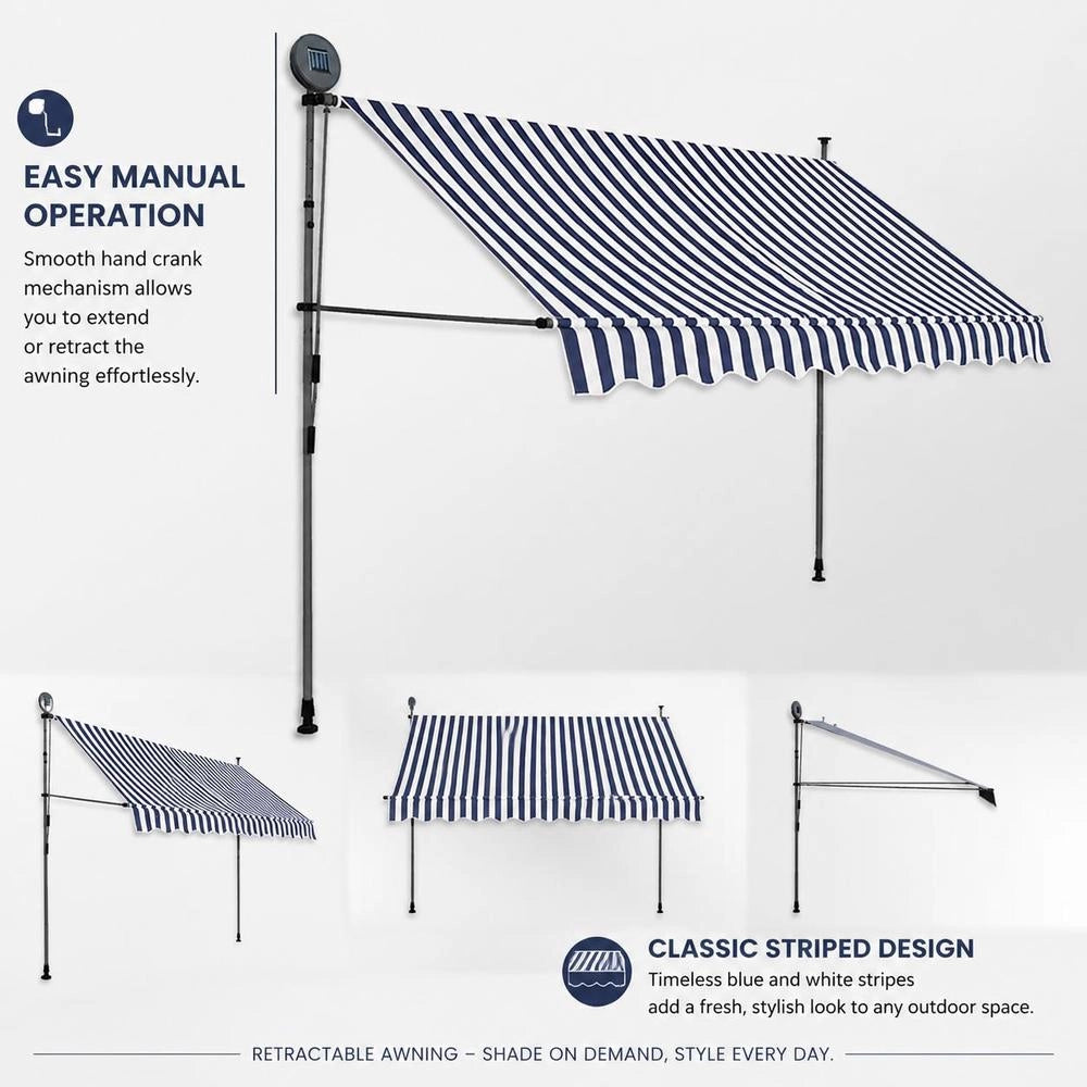 Retractable Awning, Manually Operated, With LED, 250 Cm, Blue And White