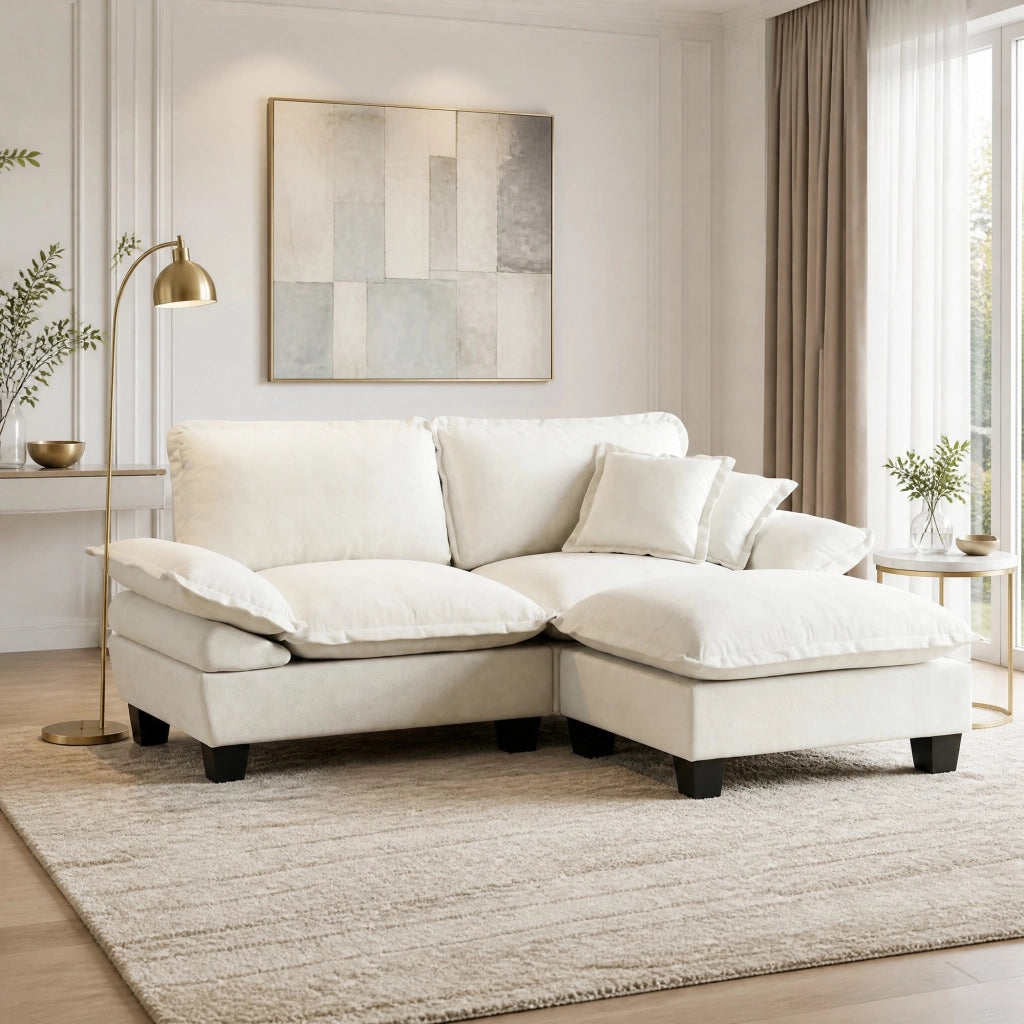 Divano angolare modulare cloud in chenille con pouf mobile e cuscini design ispirato a vela beige 194 × 151 × 90 cm
