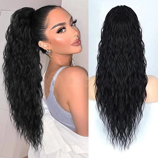 Estensione capellina con cordino, 66 cm, lunga, ondulata, riccioluta, estensione capellina naturale sintetica, clip-in, velluto per donne.