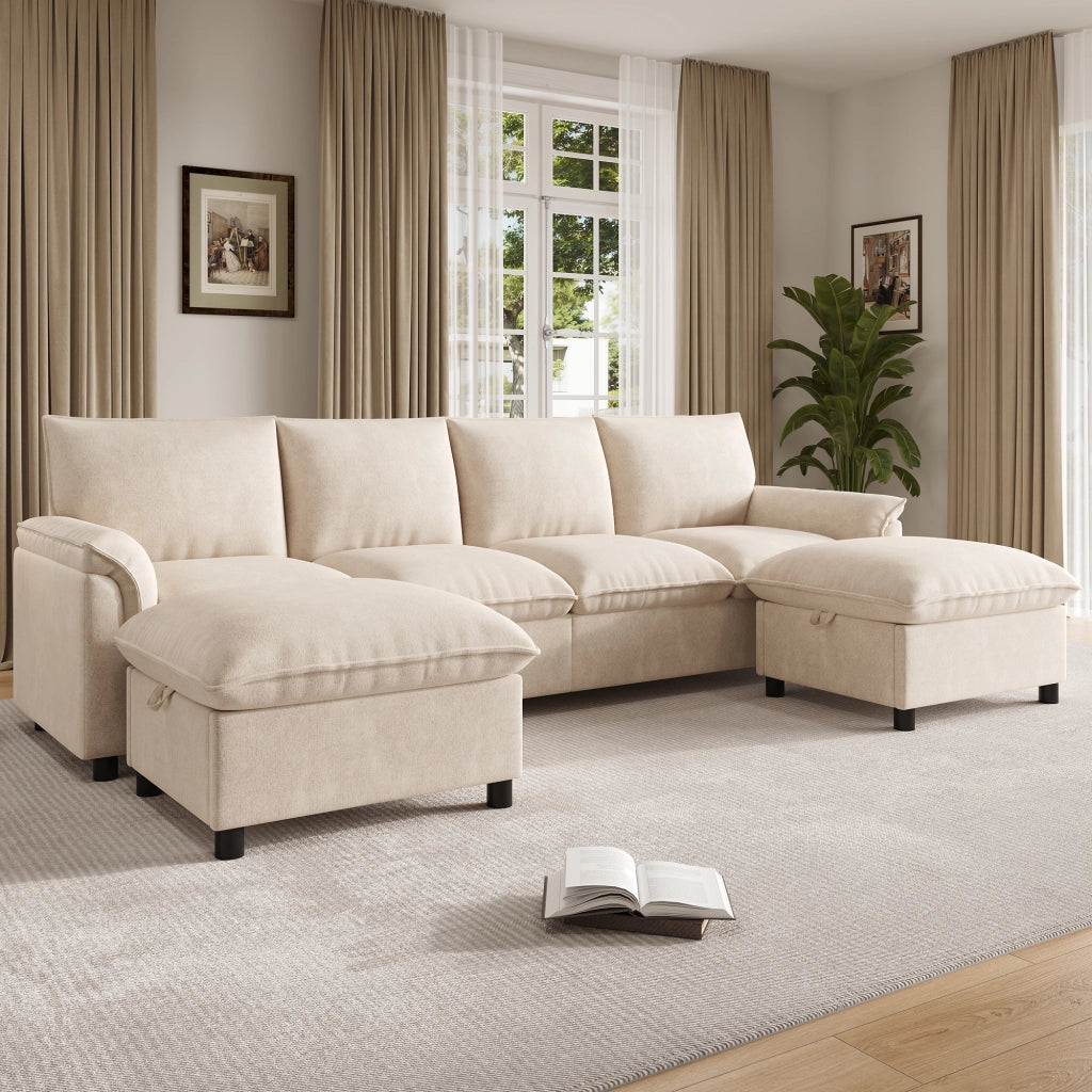 Divano modulare a U con 2 pouf contenitore e seduta profonda in ciniglia beige schienale alto 264,5 × 142,5 × 84 cm
