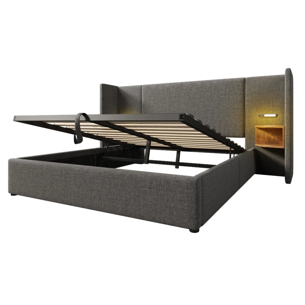 Letto matrimoniale 160x200cm con testiera multifunzione, LED, USB/Type-C e contenitore