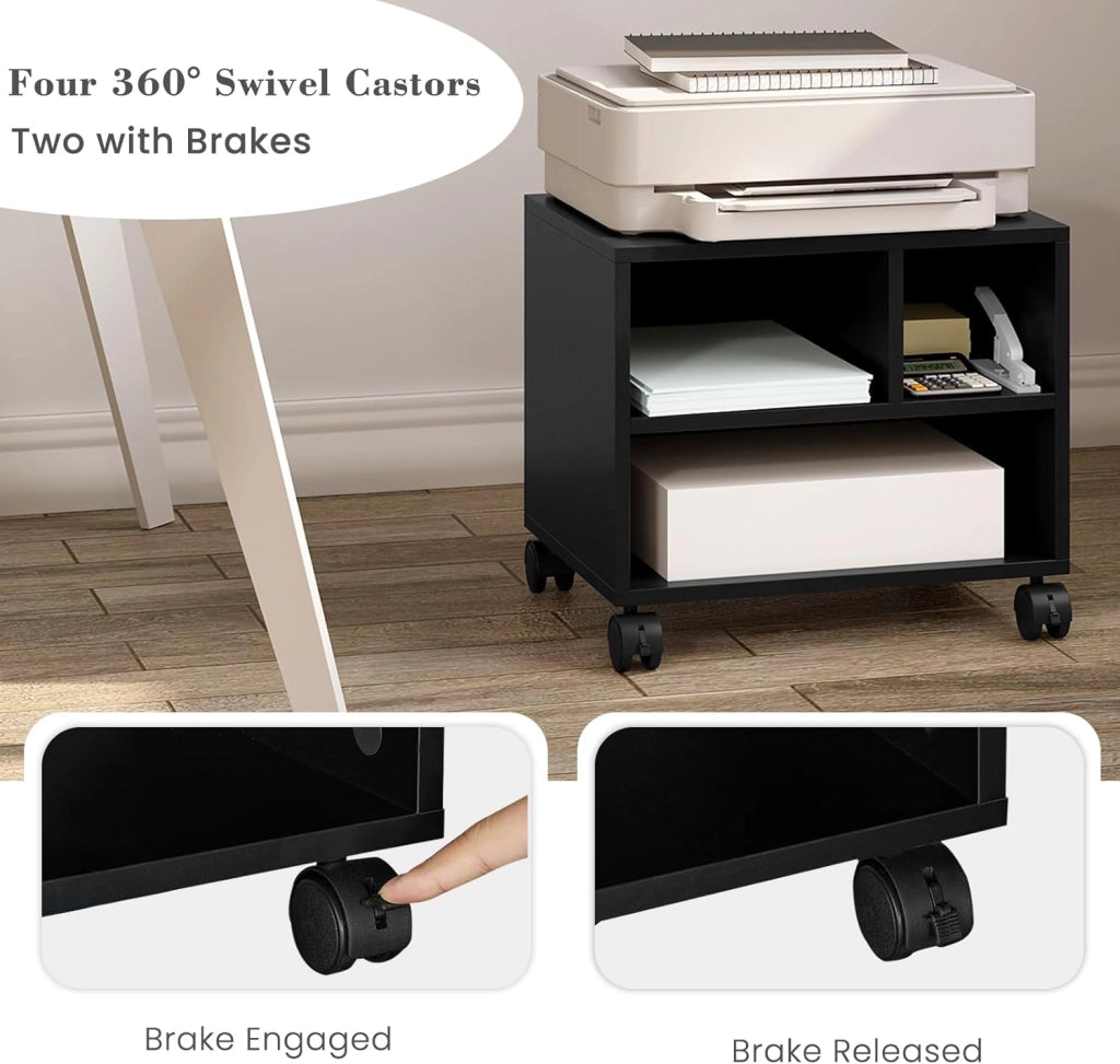 Carrello Porta Stampante con 3 Scomparti Aperti, Mobiletto con Ruote, Supporto per Stampante in Legno, Classificatore per Documenti, Studio, Ufficio, 40x30x35cm, Nero, ASK06sz
