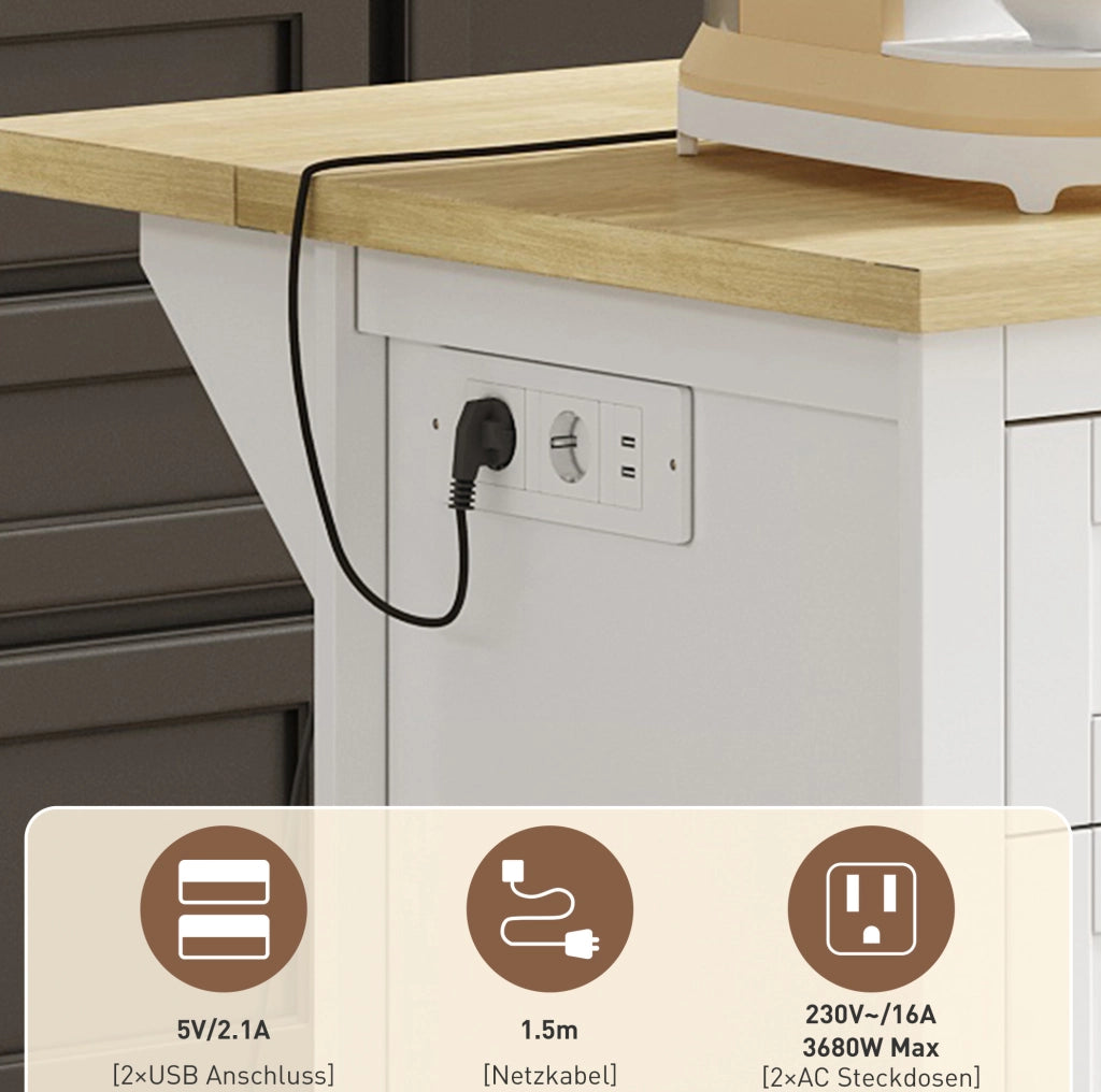 Isola cucina freestanding 150x65x75;5 cm bianco naturale con 5 cassetti e prese